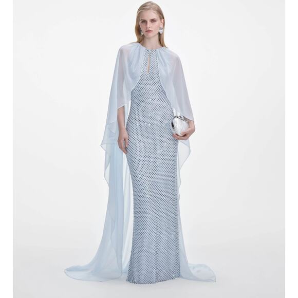 Self-Portrait Pale Blue Rhinestone Cape Maxi Dress US 2 - Picture 1 of 5